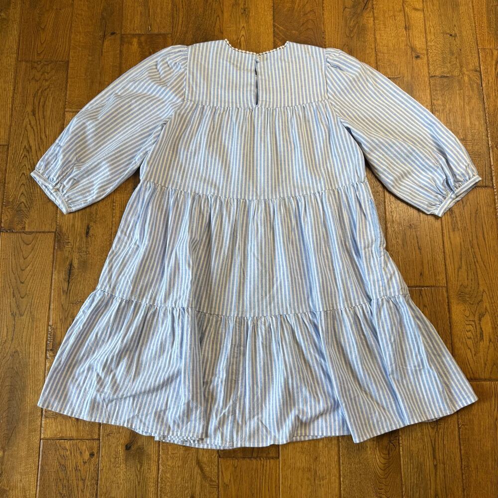 Crown & Ivy Blue White Stripe Boho Peasant Bell Sleeve Cotton Tiered Dress XS - Picture 7 of 7